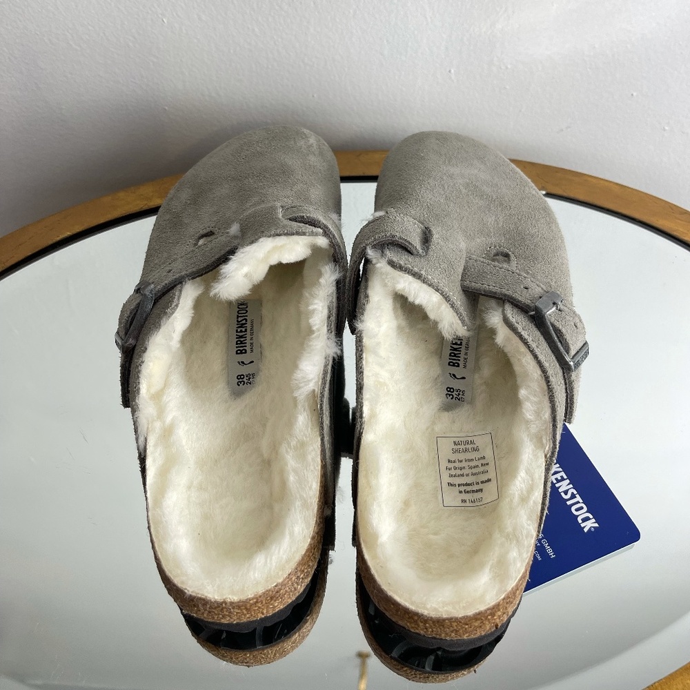 BIRKENSTOCK Boston Genuine Shearling Lined Clog in Stone Coin Suede Size 7-7.5US - Picture 7 of 16